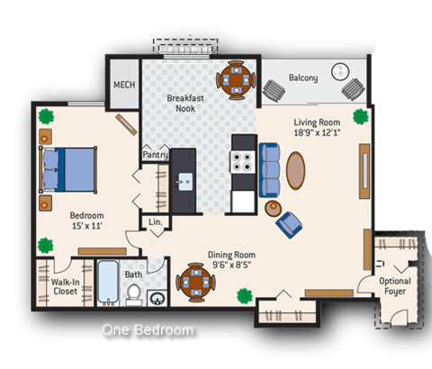 Floor plan for 1 bed, 1 bath, 750 sqft